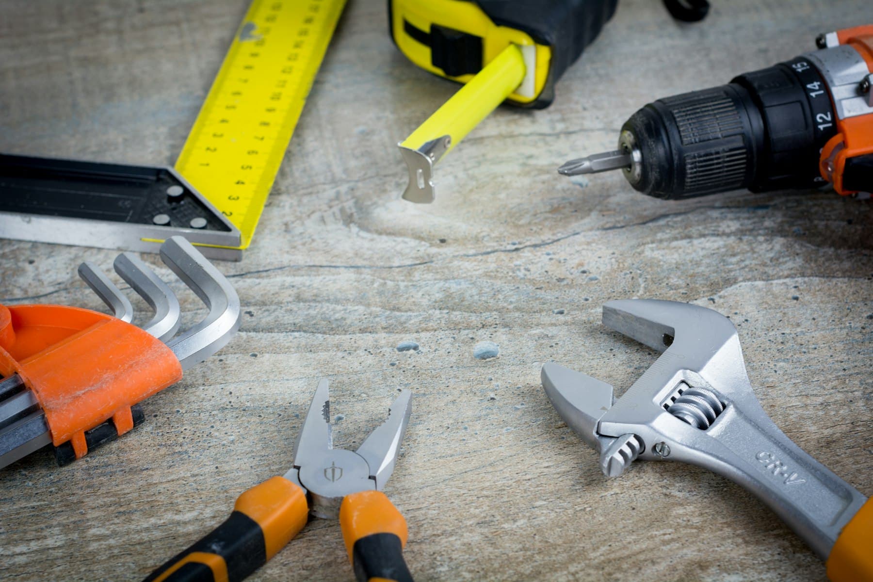 Maintenance tools laid out on a workbench
