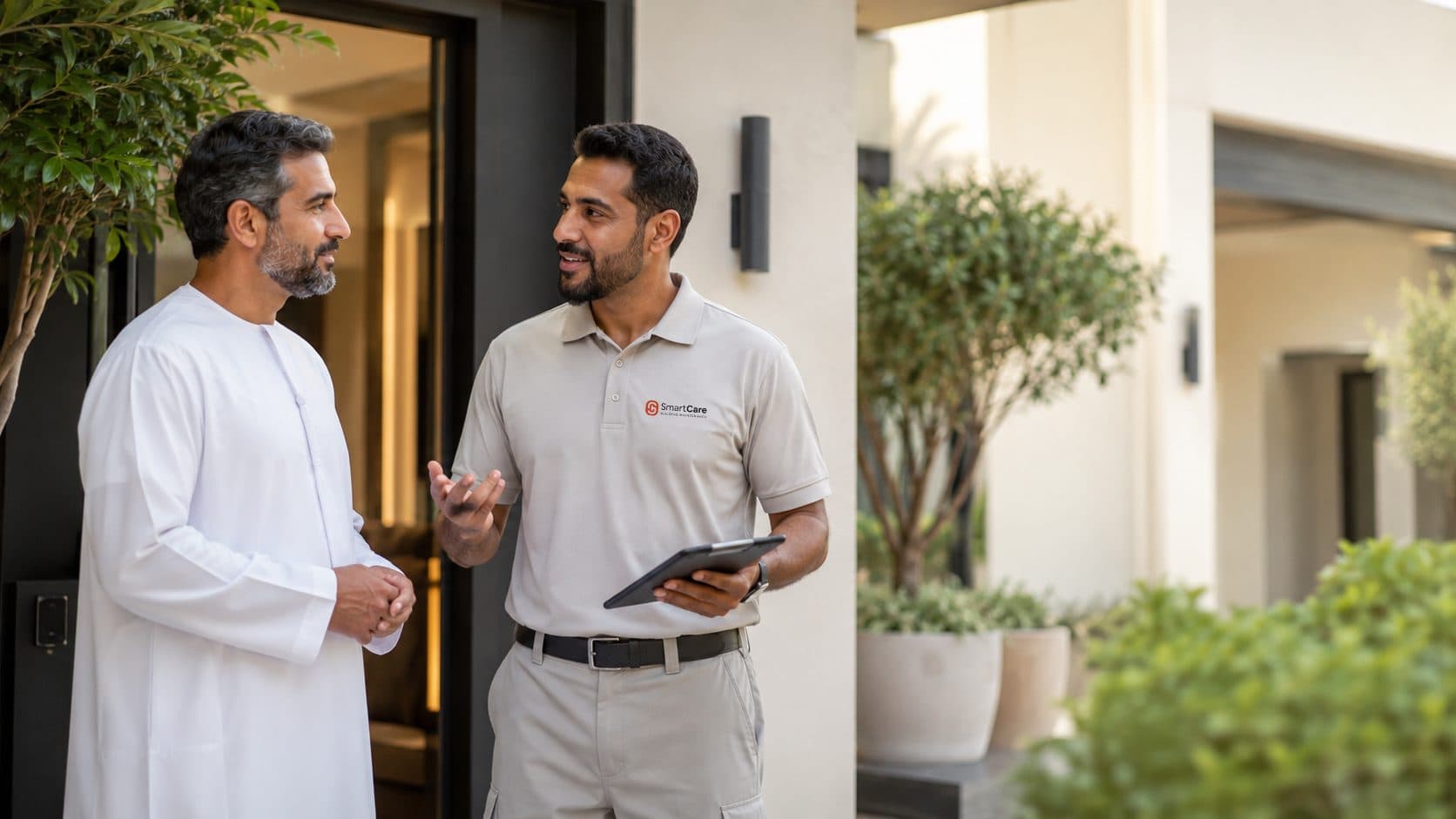 Smartcare technician talking with a homeowner at the entrance to a villa