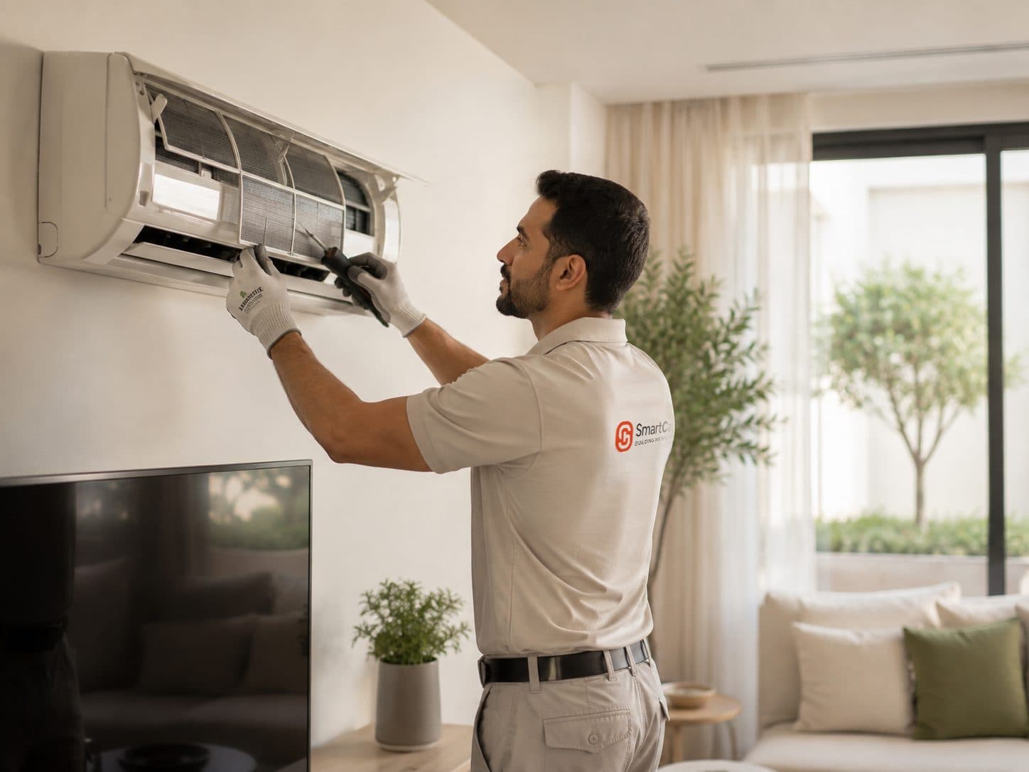 Smartcare technician servicing an air-conditioning unit