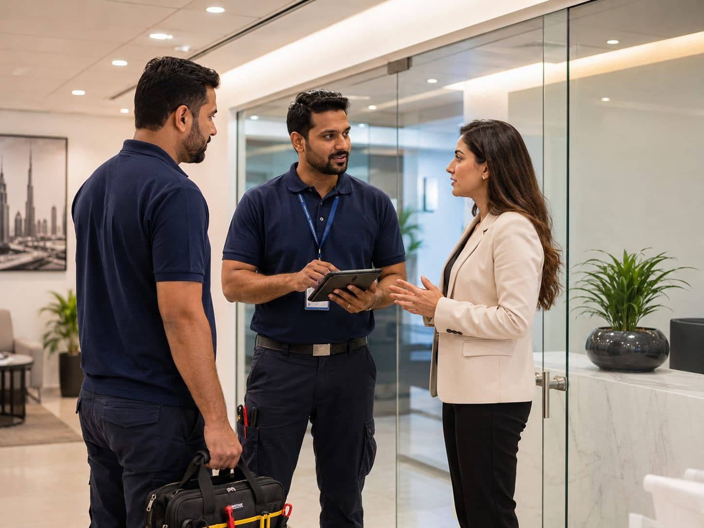 Smartcare technicians discussing maintenance work with an office manager