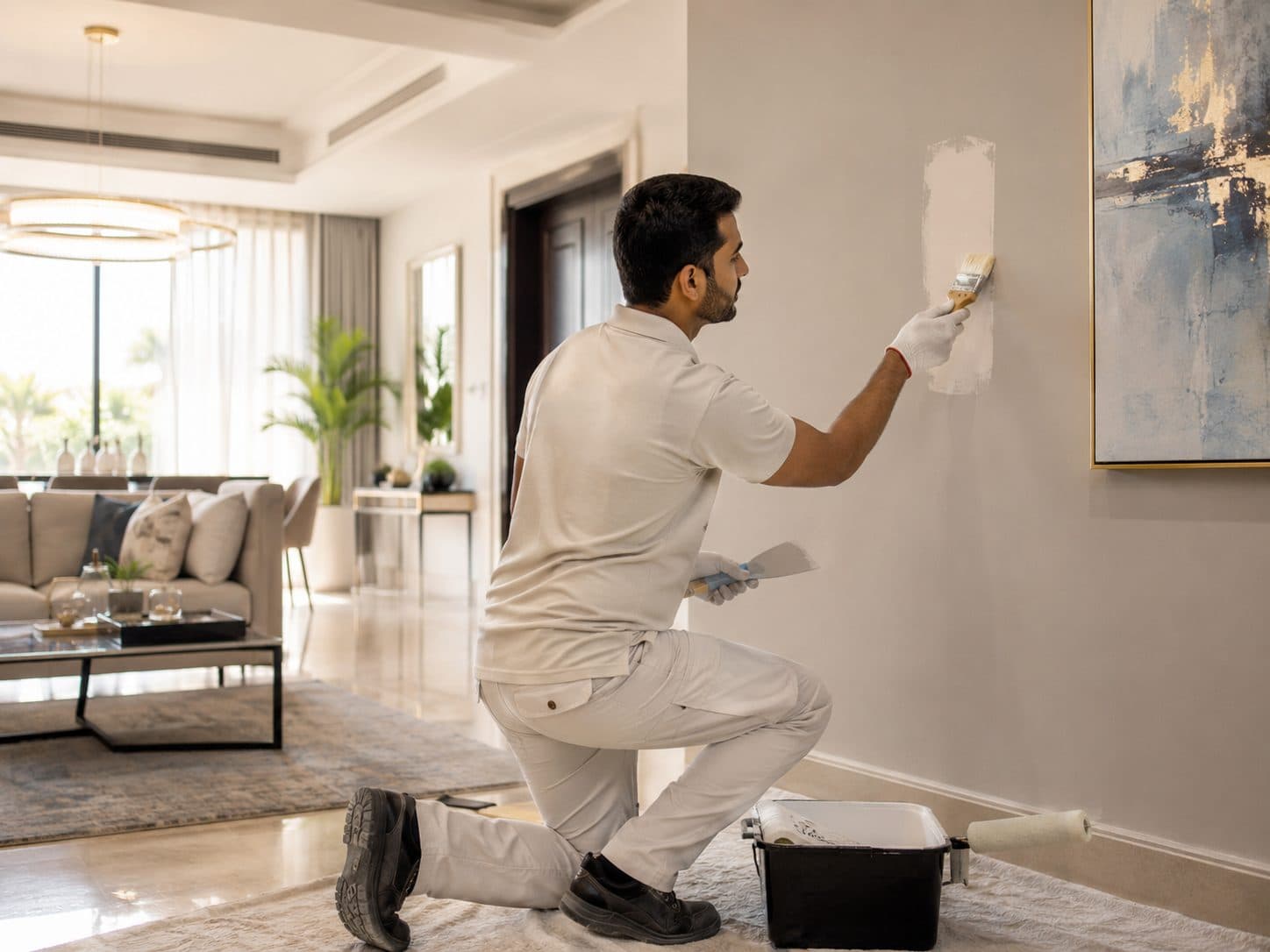 Smartcare technician touching up paintwork in a living room